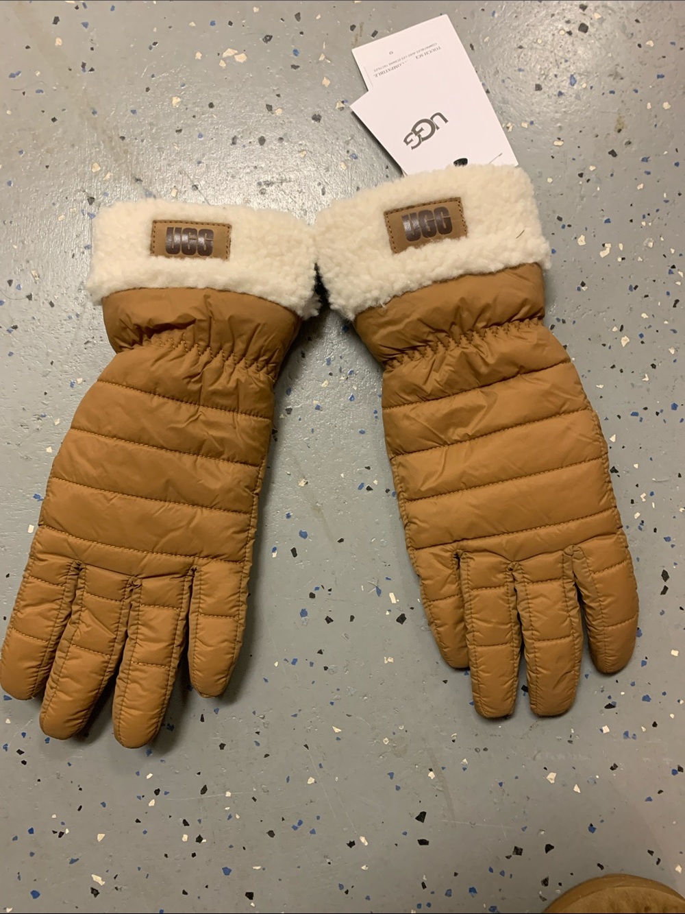 UGG womens Caramel Quilted Mittens with Cream Faux Shearling Cuff